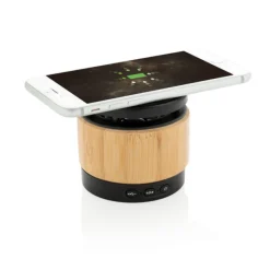 Gift Campaign Altoparlanti in bambù con caricatore wireless da 5 W Ricarica Wireless></noscript> Casse Personalizzate