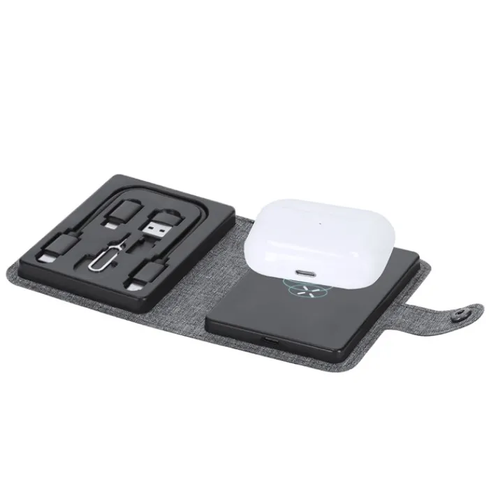 Gift Campaign Base di ricarica wireless con custodia in poliestere rPET con cavetto> Caricabatterie