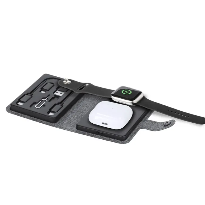 Gift Campaign Base di ricarica wireless con custodia in poliestere rPET con cavetto> Caricabatterie