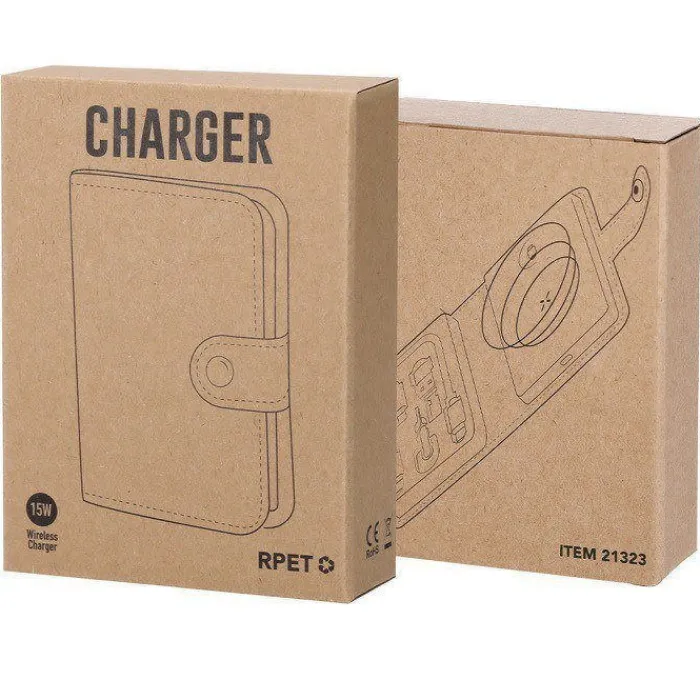 Gift Campaign Base di ricarica wireless con custodia in poliestere rPET con cavetto> Caricabatterie