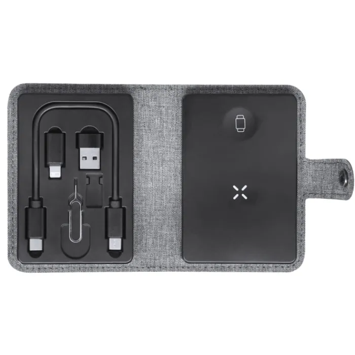 Gift Campaign Base di ricarica wireless con custodia in poliestere rPET con cavetto> Caricabatterie