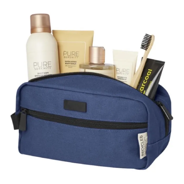Gift Campaign Beauty case in tela riciclata 330 g/m2 con comodo cinturino e placca> Beauty Case Personalizzati