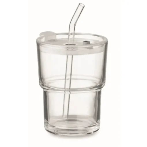 Gift Campaign Bicchiere con tappo anti goccia e cannuccia in vetro da 300ml> Bicchieri Di Vetro Personalizzati