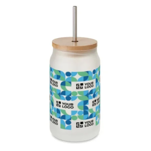 Gift Campaign Bicchiere di vetro a forma di barattolo da 400 ml con cannuccia e tappo> Bicchieri Di Vetro Personalizzati
