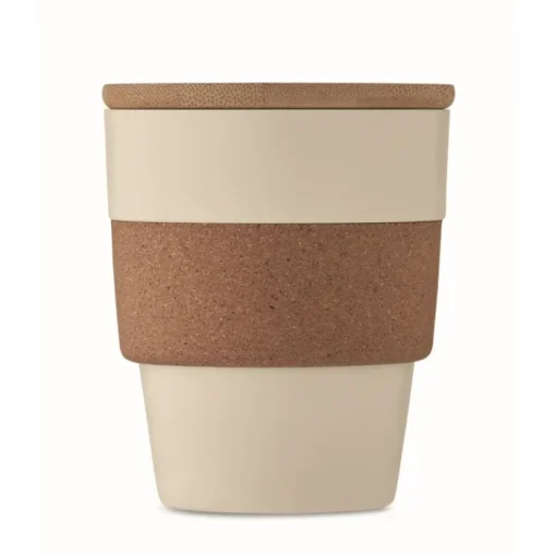 Gift Campaign Bicchiere in PP riciclato con fascia in sughero e tappo in bambù 300 ml> Bicchieri Take Away