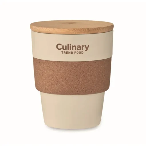 Gift Campaign Bicchiere in PP riciclato con fascia in sughero e tappo in bambù 300 ml> Bicchieri Take Away