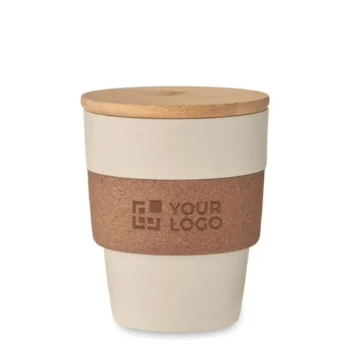 Gift Campaign Bicchiere in PP riciclato con fascia in sughero e tappo in bambù 300 ml> Bicchieri Take Away