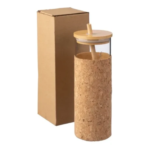 Gift Campaign Bicchiere in vetro con custodia in sughero, tappo e cannuccia in bambù da 450 ml> Bicchieri Di Vetro Personalizzati|Borracce In Vetro