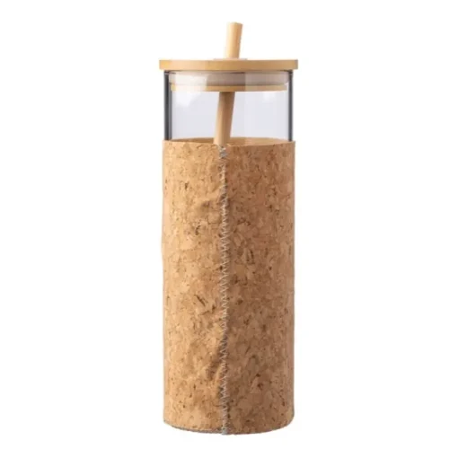 Gift Campaign Bicchiere in vetro con custodia in sughero, tappo e cannuccia in bambù da 450 ml> Bicchieri Di Vetro Personalizzati|Borracce In Vetro
