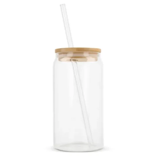 Gift Campaign Bicchieri in vetro personalizzati con tappo in bambù e cannuccia da 450ml> Bicchieri Di Vetro Personalizzati