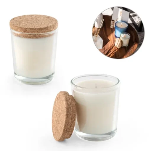 Gift Campaign Candela alla vaniglia in bicchierino di vetro con tappo in sughero 80g> Candele