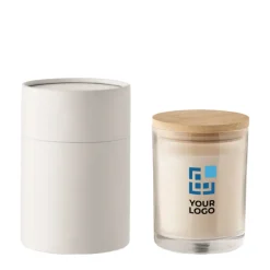 Gift Campaign Candela alla vaniglia in vasetto vetro con coperchio di bambù Scented></noscript> Candele