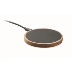 Gift Campaign Caricabatterie wireless rotondo in legno di acacia e PU riciclato 15W> Caricabatterie