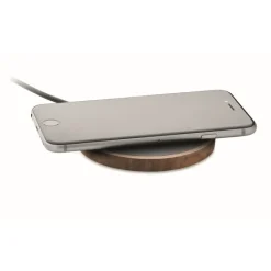 Gift Campaign Caricabatterie wireless rotondo in legno di acacia e PU riciclato 15W></noscript> Caricabatterie