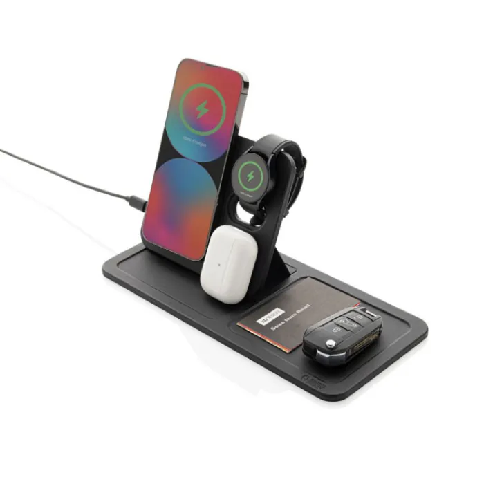 Gift Campaign Caricatore wireless pieghevole 3 in 1 e vassoio da tavolo in PU RCS> Caricabatterie