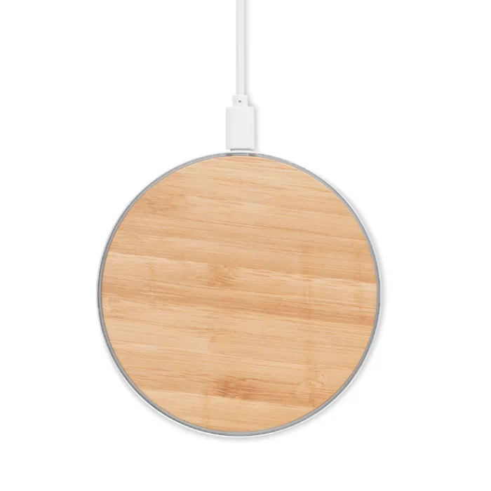 Gift Campaign Caricatore wireless rotondo a ricarica rapida in bambù e alluminio 10W> Caricabatterie