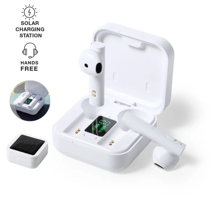 Gift Campaign Cuffiette bluetooth in custodia con pannello solare Solar Charging> Auricolari Personalizzati