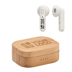Gift Campaign Cuffiette bluetooth TWS 5 con scatolina di bambù personalizzate Blues></noscript> Auricolari Personalizzati