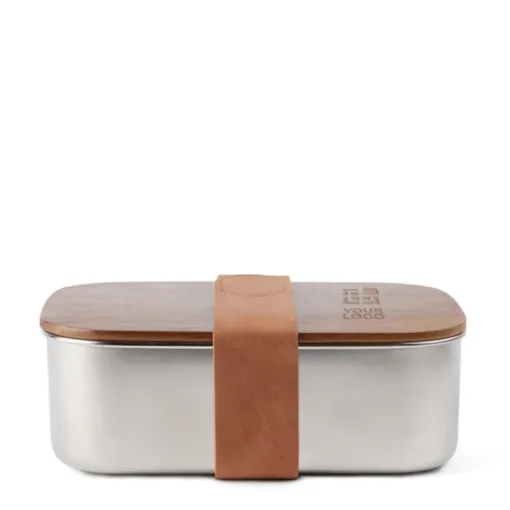 Gift Campaign Lunch box in acciaio inox riciclato con coperchio in legno e cinturino> Porta Pranzo