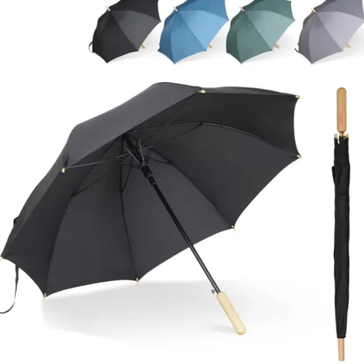 Gift Campaign Ombrello in rPET da 25'' a prova di tormenta con manico in legno Ø103> Ombrelli Antivento