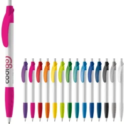 Gift Campaign Penna bianca con clip e impugnatura in gomma colorati e inchiostro blu></noscript> Penne Di Plastica