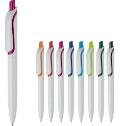 Gift Campaign Penna in plastica bianca con pulsante in colori vivaci fatta in EU></noscript> Penne Di Plastica