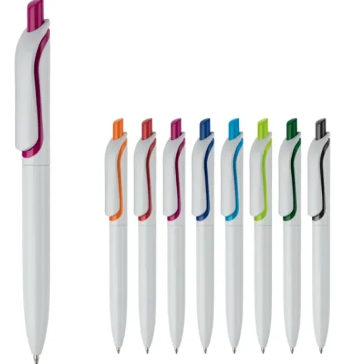 Gift Campaign Penna in plastica bianca con pulsante in colori vivaci fatta in EU> Penne Di Plastica