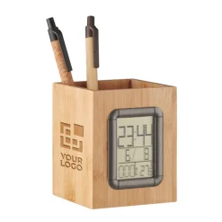 Gift Campaign Portapenne con logo in bambù con calendario ora e termometro Bamboo></noscript> Gadget Per L'Ufficio|Portapenne