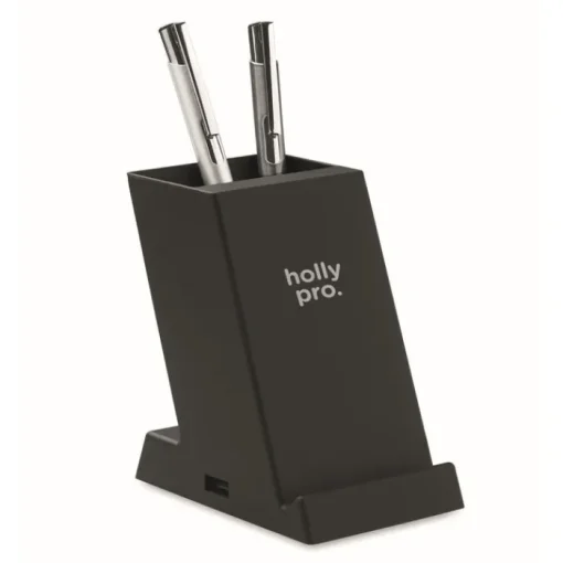 Gift Campaign Portapenne promozionale con supporto e caricabatterie wireless Tech> Portapenne