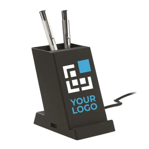 Gift Campaign Portapenne promozionale con supporto e caricabatterie wireless Tech> Portapenne