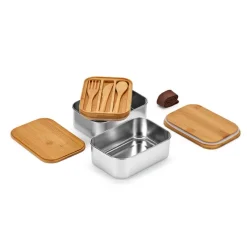 Gift Campaign Portapranzo doppio in acciaio inox riciclato e bambù con posate 980 ml> Porta Pranzo