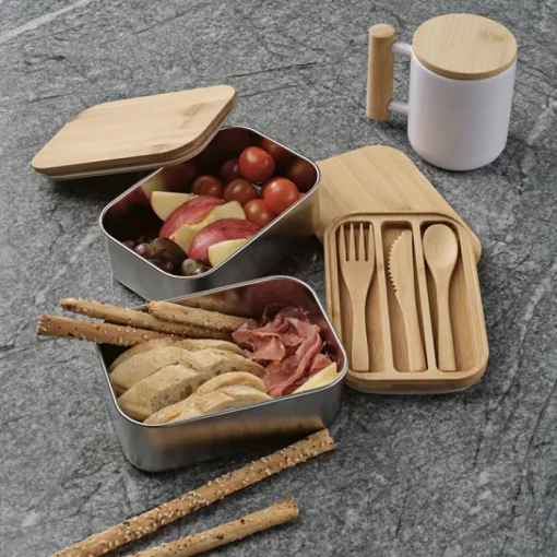 Gift Campaign Portapranzo doppio in acciaio inox riciclato e bambù con posate 980 ml> Porta Pranzo