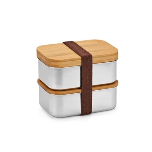 Gift Campaign Portapranzo doppio in acciaio inox riciclato e bambù con posate 980 ml> Porta Pranzo