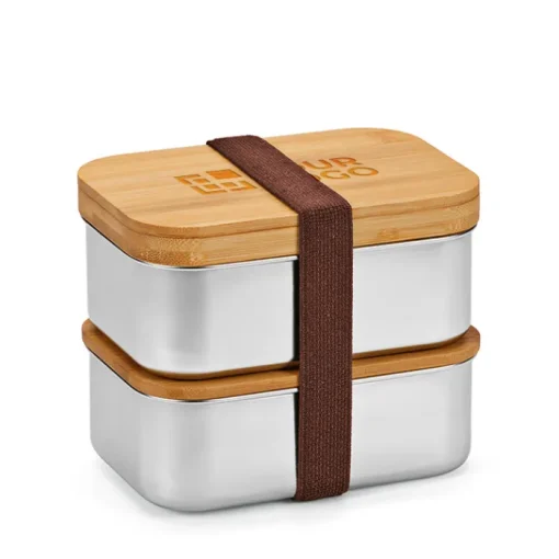 Gift Campaign Portapranzo doppio in acciaio inox riciclato e bambù con posate 980 ml> Porta Pranzo