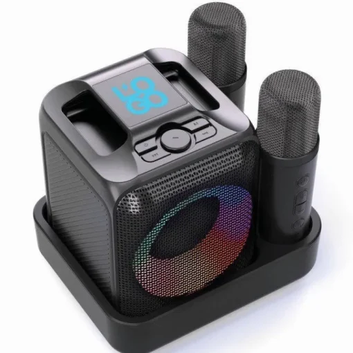 Gift Campaign Set da karaoke in plastica riciclata con 2 microfoni e altoparlante 5W> Casse Personalizzate