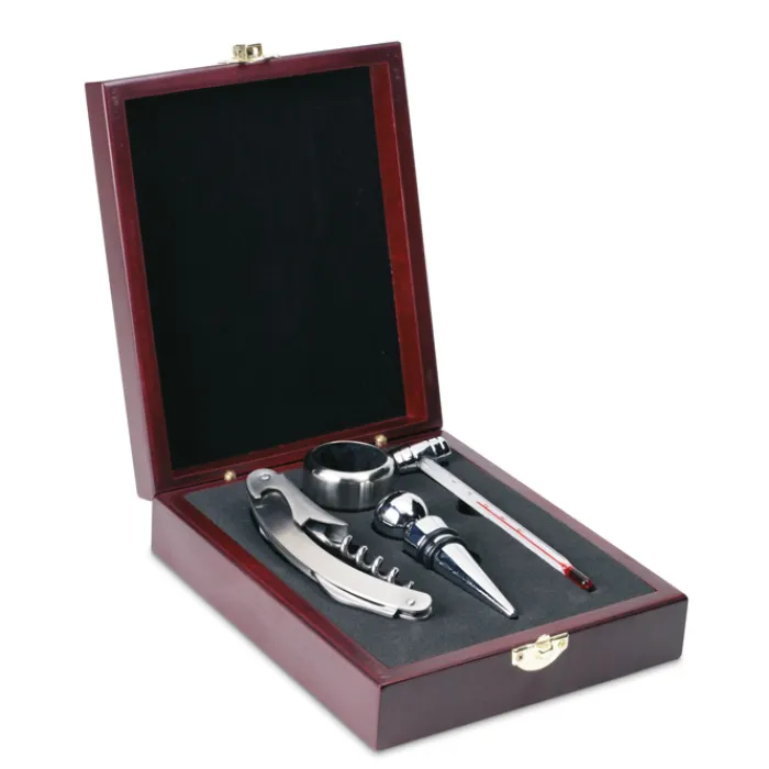 Gift Campaign Set da vino serigrafato con cofanetto di legno e 4 accessori Merlot> Gadget Per Vino