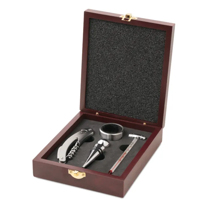 Gift Campaign Set da vino serigrafato con cofanetto di legno e 4 accessori Merlot> Gadget Per Vino