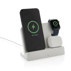 Gift Campaign Supporto in ABS riciclato con caricatore wireless per 3 dispositivi> Caricabatterie
