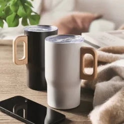 Gift Campaign Tazza da viaggio in acciaio inox riciclato e manico in legno 350ml></noscript> Bicchieri Termici Personalizzati