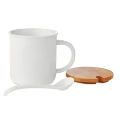 Gift Campaign Tazza promozionale porcellana cucchiaio e tappo bambù 380ml Topped><noscript><img width=