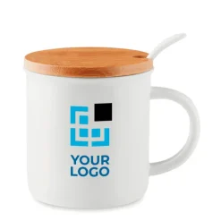 Gift Campaign Tazza promozionale porcellana cucchiaio e tappo bambù 380ml Topped><noscript><img width=