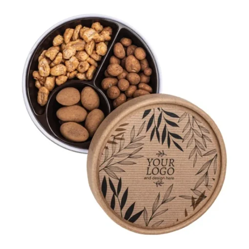 Gift Campaign Tris di dolciumi con frutta secca in scatola di carta kraft con logo> Cioccolatini